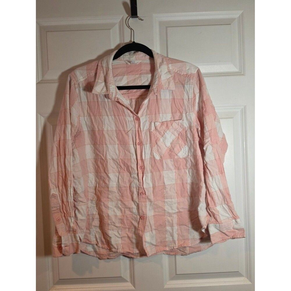 Time And Tru Light Pink and White Gingham Button-Up Shirt Minor Wash Wear L